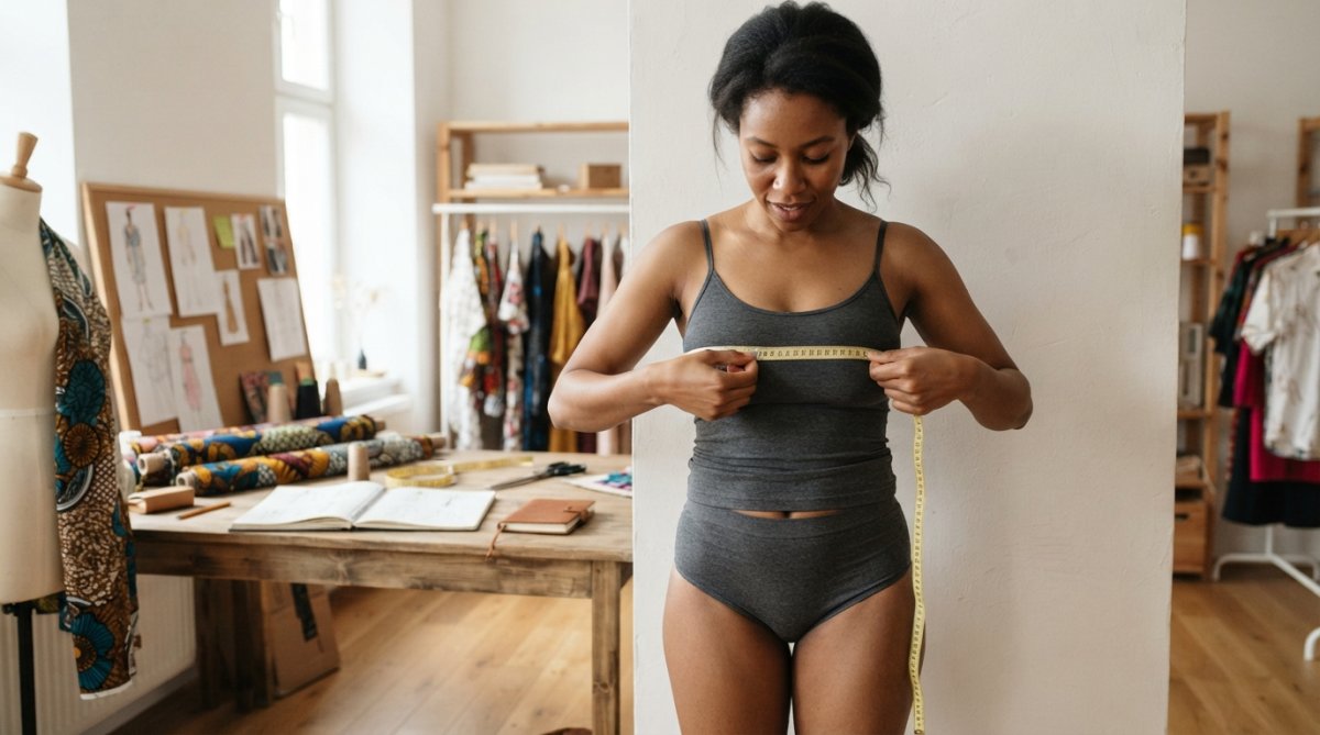 A woman in fitted undergarments standing upright with a soft seamstress tape measure wrapped around the fullest part of her bust, viewed from the front against a clean white wall in bright natural light