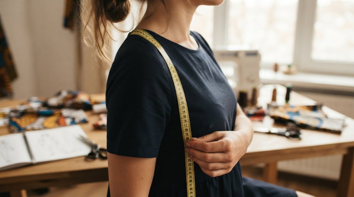 Close-up of a woman's shoulder with a soft measuring tape running vertically from the shoulder seam down toward the knee, the tape held flat against the body in warm indoor lighting