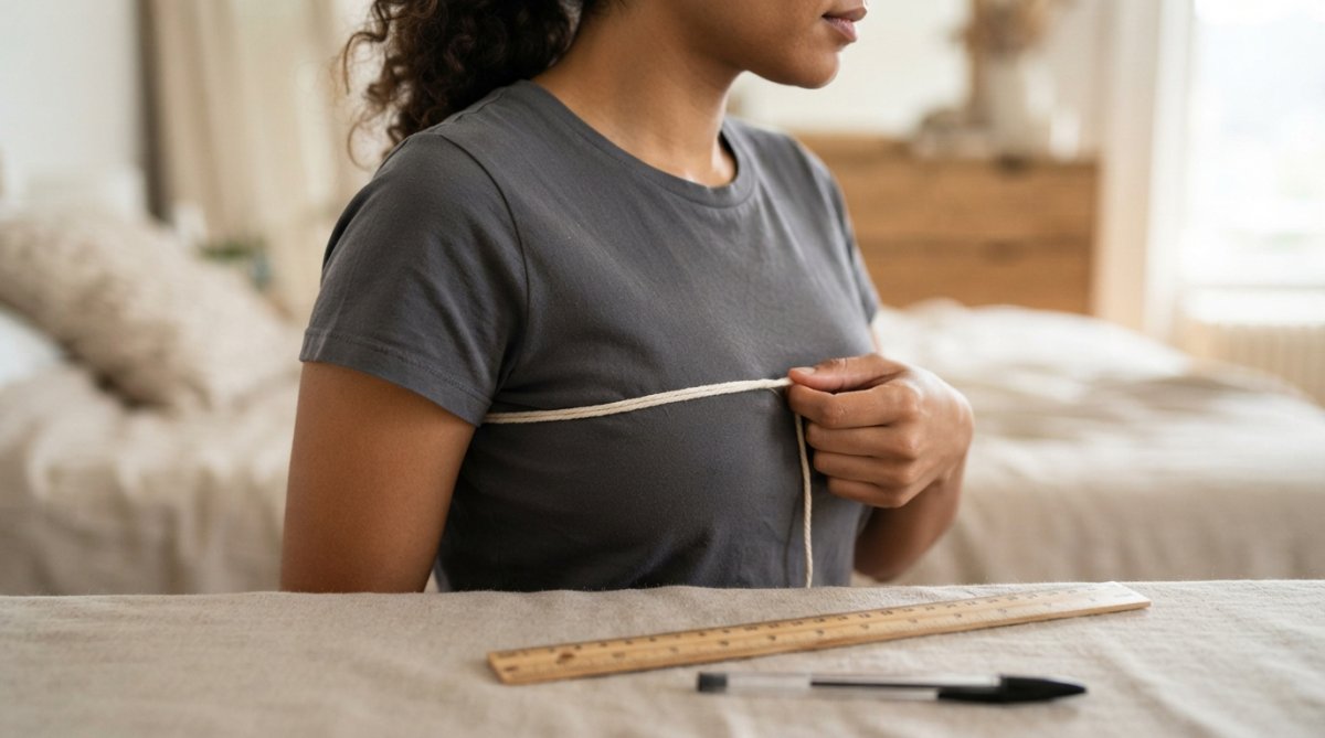 Close-up of a woman's torso showing a piece of string positioned horizontally around the fullest part of the bust, held flat against the skin, with a ruler and pen resting on a neutral beige background in soft natural lighting