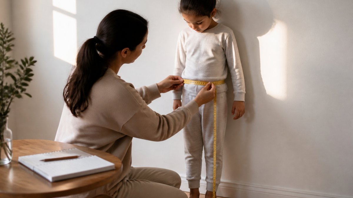 A parent kneeling beside a young child who stands straight against a plain wall, holding a soft yellow tape measure around the child's waist while a notebook and pencil rest on a nearby table in warm afternoon light