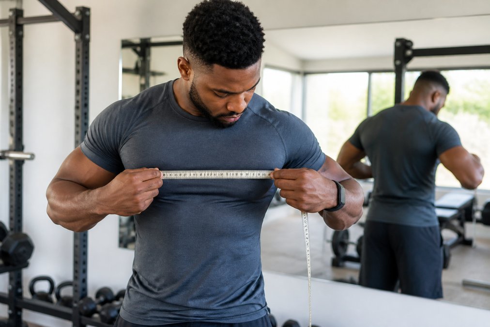 A muscular man in a fitted t-shirt using a flexible tape measure around his chest in a bright home gym setting, with a mirror in the background