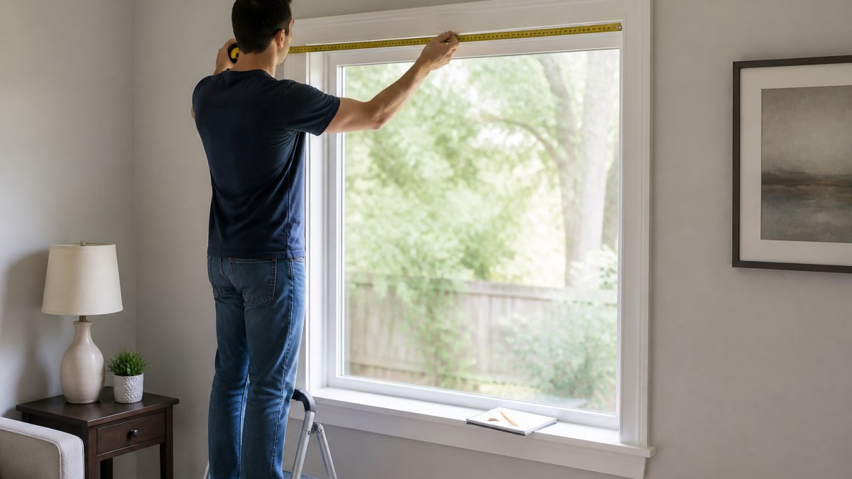 A homeowner standing on a small step stool holding a steel tape measure across the top of a window opening, marking the measurement on a notepad, with a pencil and paper resting on the windowsill nearby