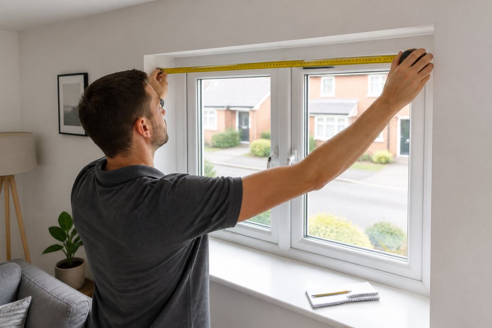 A person using a metal tape measure to measure the width of a white uPVC window recess in a bright living room, with a notepad and pencil on the windowsill