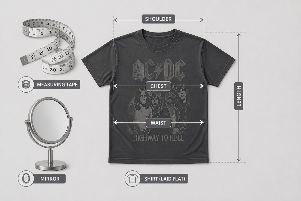 Flat lay of measuring supplies on neutral background showing soft fabric measuring tape, mirror, and vintage band t-shirt laid flat with clear labeling