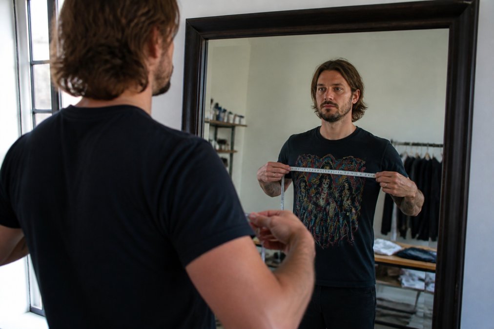 Person wearing vintage band t-shirt standing in front of mirror demonstrating proper posture with measuring tape positioned horizontally across chest at fullest part, natural lighting from window