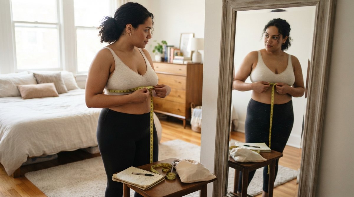 A plus-size woman in a well-lit bedroom standing in front of a full-length mirror, holding a soft measuring tape around her ribcage, wearing a non-padded bra, focused and comfortable
