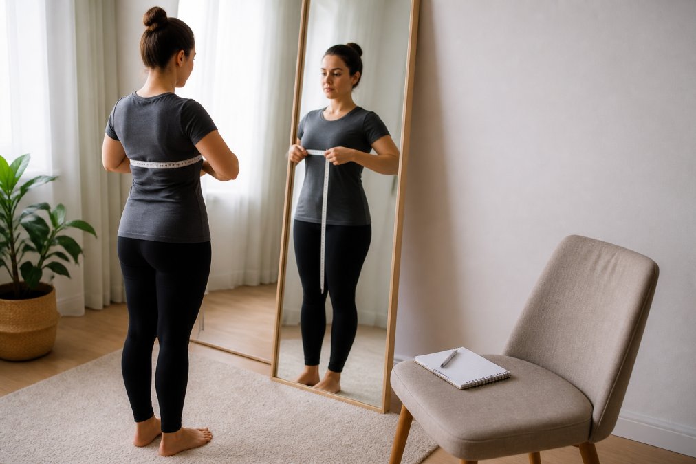 A woman standing straight in a well-lit room, wrapping a soft tape measure around her bust while looking in a full-length mirror, wearing a fitted t-shirt and leggings. A notebook with measurements sits on a nearby chair.