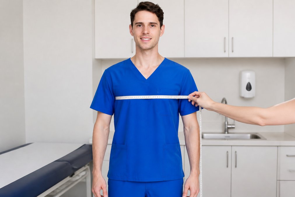 Healthcare professional standing with arms relaxed at sides, measuring tape positioned horizontally across the fullest part of the chest, showing proper measurement technique with good posture in a bright clinical setting