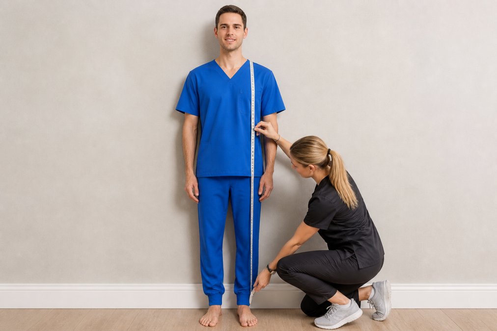 Person standing barefoot against a wall with good posture, measuring tape running from the center back neck seam down the inside leg to the ankle bone, demonstrating proper inseam measurement technique with clear visibility of the full measurement line