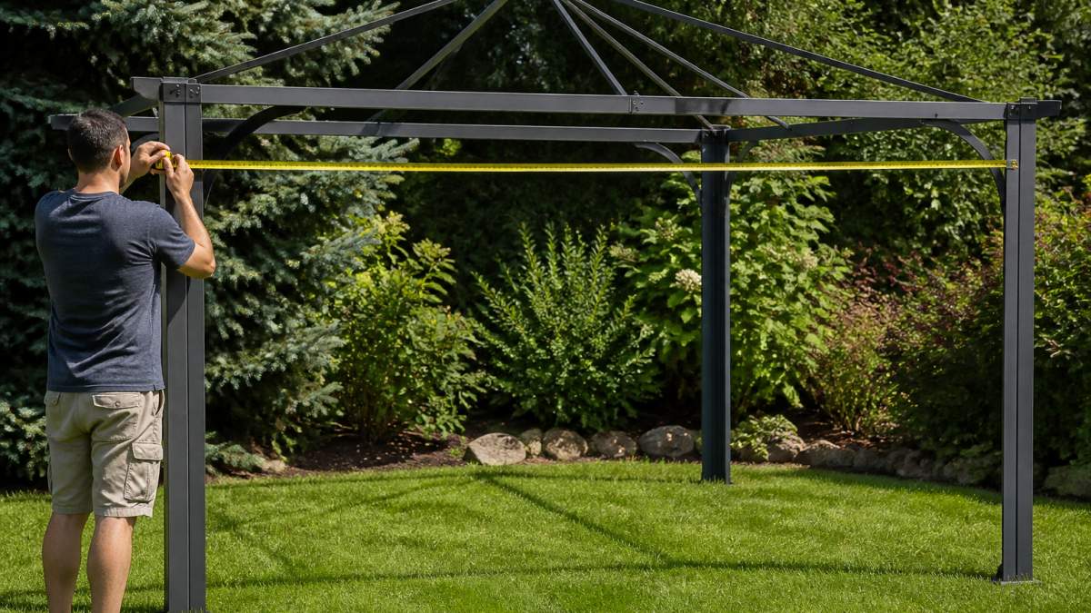 Homeowner using a tape measure to measure the length of a gazebo frame in bright daylight, showing proper measurement technique from one corner post to the opposite corner
