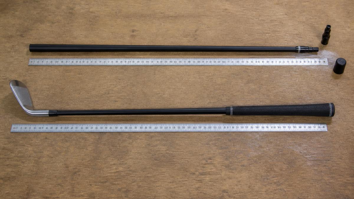 Diagram comparing a raw shaft measured tip to butt against a finished club measured from clubhead sole to grip end, with hosel bore depth and grip cap labelled