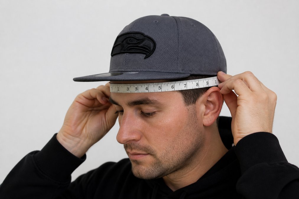 Person demonstrating proper flexible measuring tape placement positioned mid-forehead and above the ears on head, showing correct tape angle and positioning for sports cap sizing measurement
