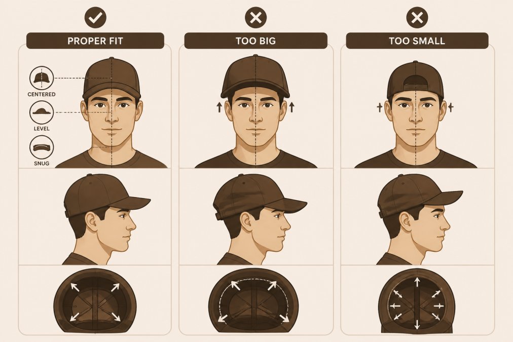 Person wearing properly fitted sports cap showing centered positioning, level brim, and snug sweatband contact, compared to same person wearing oversized and undersized caps showing improper fit and positioning