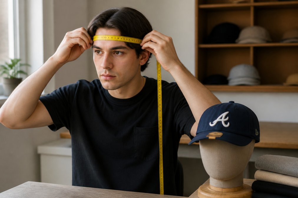 Close-up of a person wrapping a flexible yellow measuring tape around their head, positioned just above the eyebrows with the tape sitting flat against the skin at the widest part of the head, natural indoor lighting