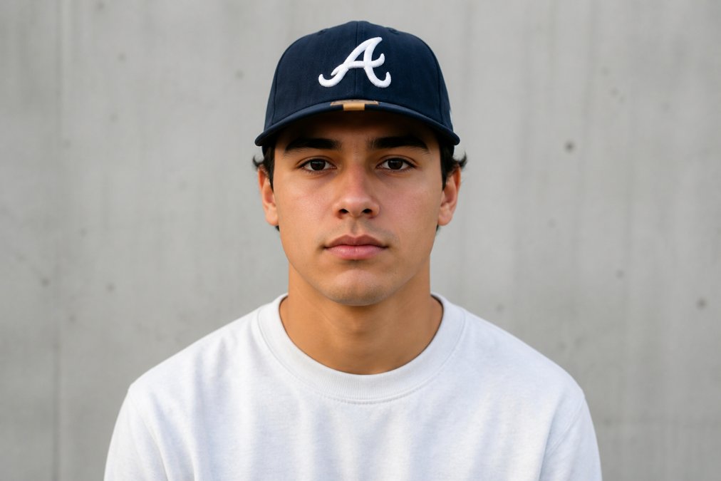 A young man wearing a structured fitted baseball cap sitting level just above his eyebrows, front-facing angle showing a clean, comfortable fit, dressed in casual streetwear against a neutral background