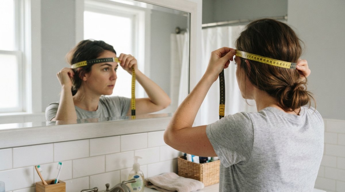 Close-up of a person placing a soft measuring tape around their head, positioned mid-forehead and above the ears, looking straight ahead into a mirror in a bright bathroom