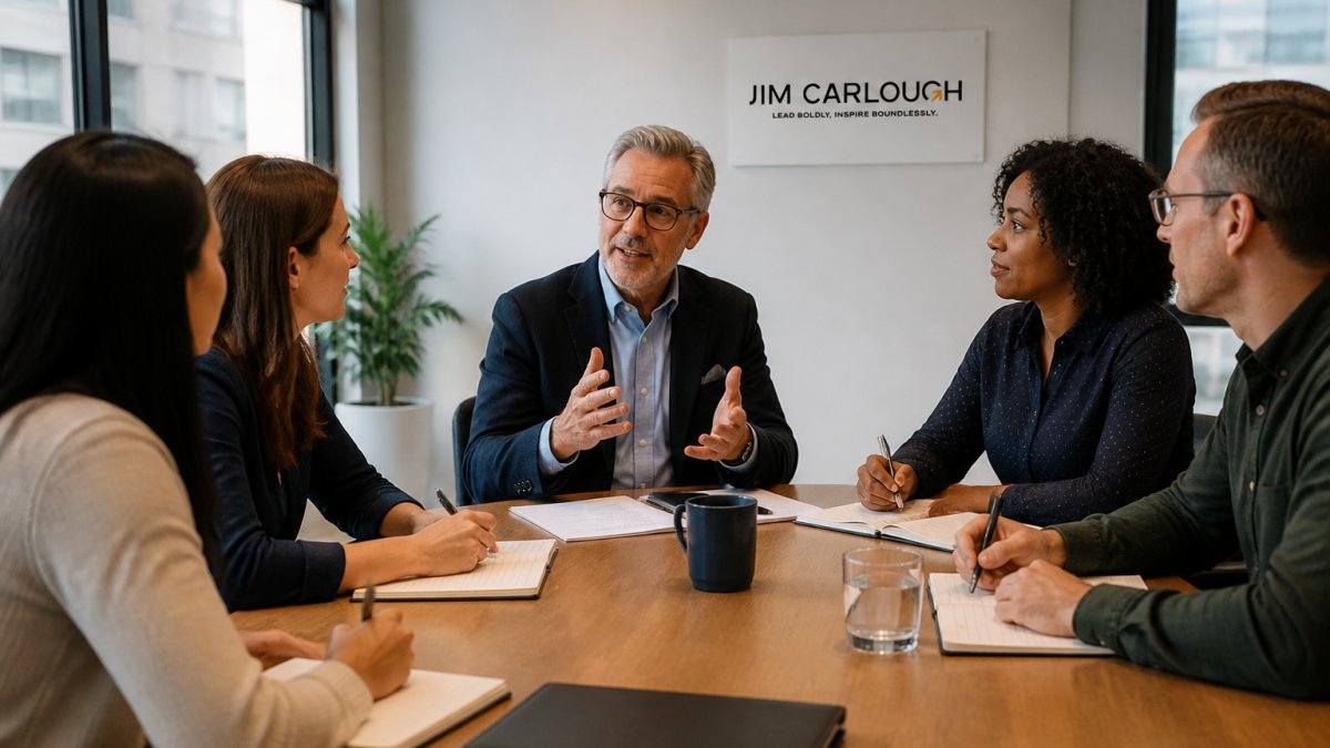 A senior leader facilitating a small group discussion around a conference table in a bright modern office, with team members taking notes and engaging in conversation