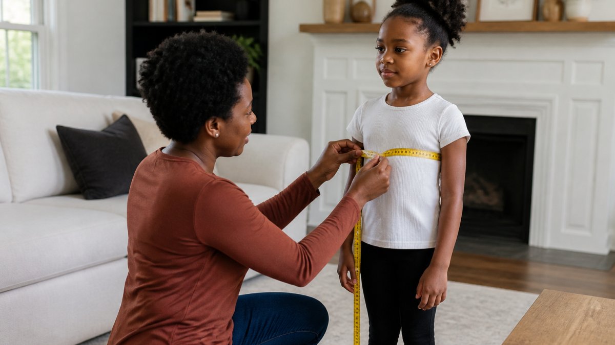 A parent kneeling beside a young Black girl, wrapping a soft yellow tape measure around her chest as the child stands straight with arms relaxed at her sides in a bright living room