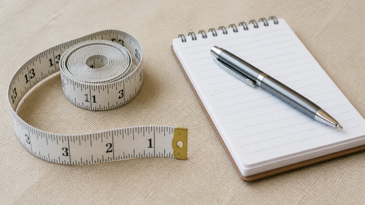 Close-up of a soft flexible measuring tape, notepad, and pen laid out on a neutral beige surface, ready for taking children's measurements