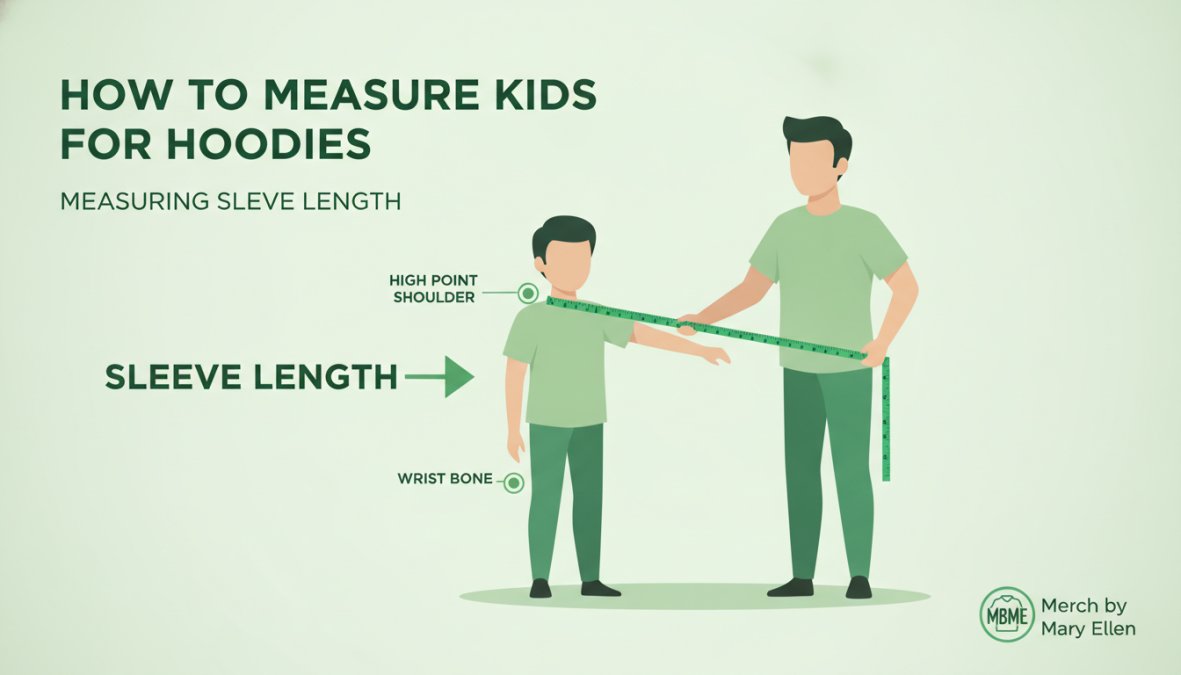 Child standing upright in relaxed posture while an adult uses a measurement tape to measure from the high point shoulder down the arm to the wrist, showing proper sleeve length measurement technique
