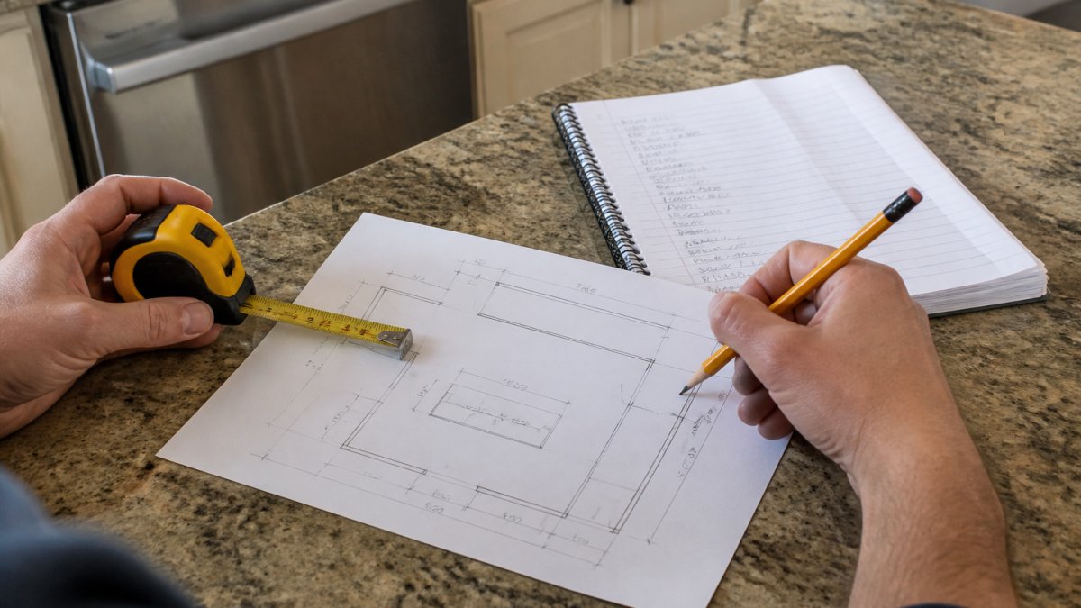 Homeowner using a tape measure and pencil to sketch a kitchen floor plan on paper at a counter