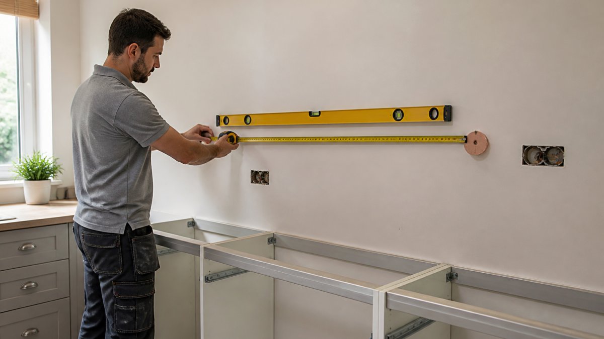 Diagram showing the process to measure kitchen cabinets using a steel tape and spirit level for accuracy.