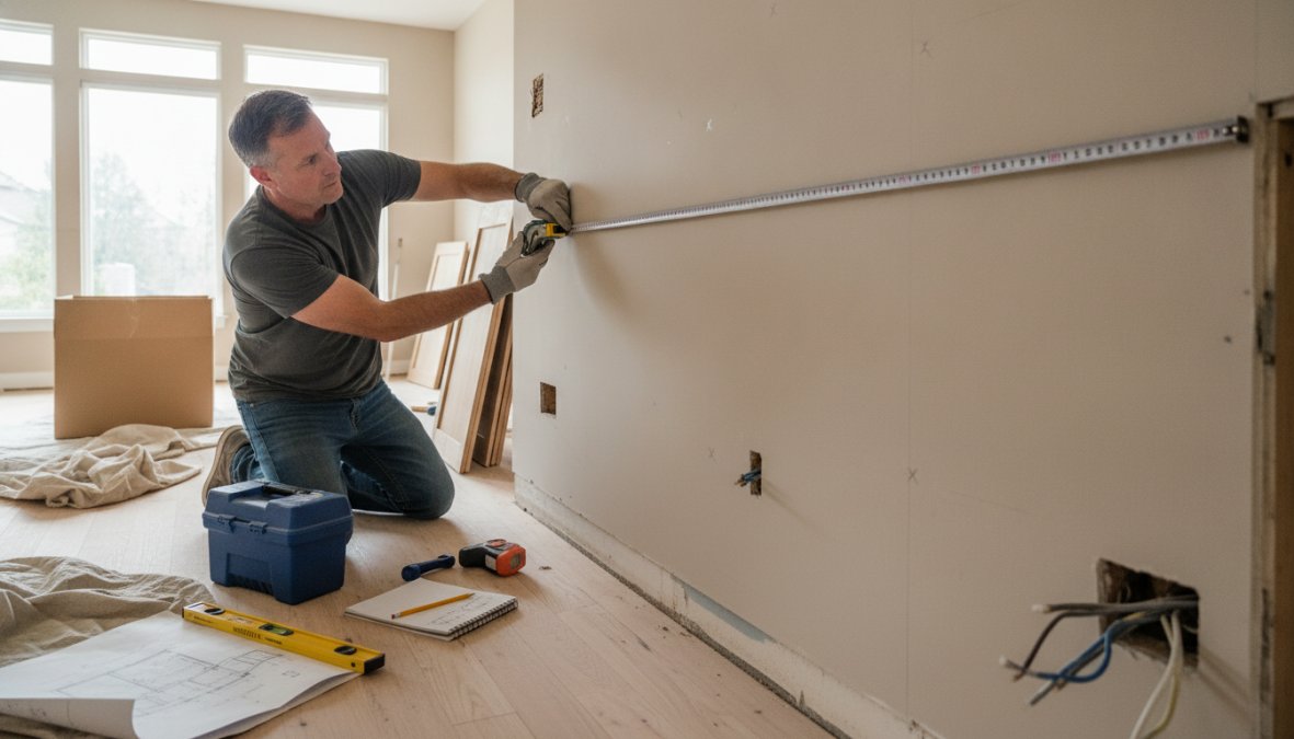 Homeowner in a bright kitchen pressing a yellow tape measure against a painted wall, notepad and pencil resting on the countertop beside a 4-foot level, natural daylight coming through a window above the sink