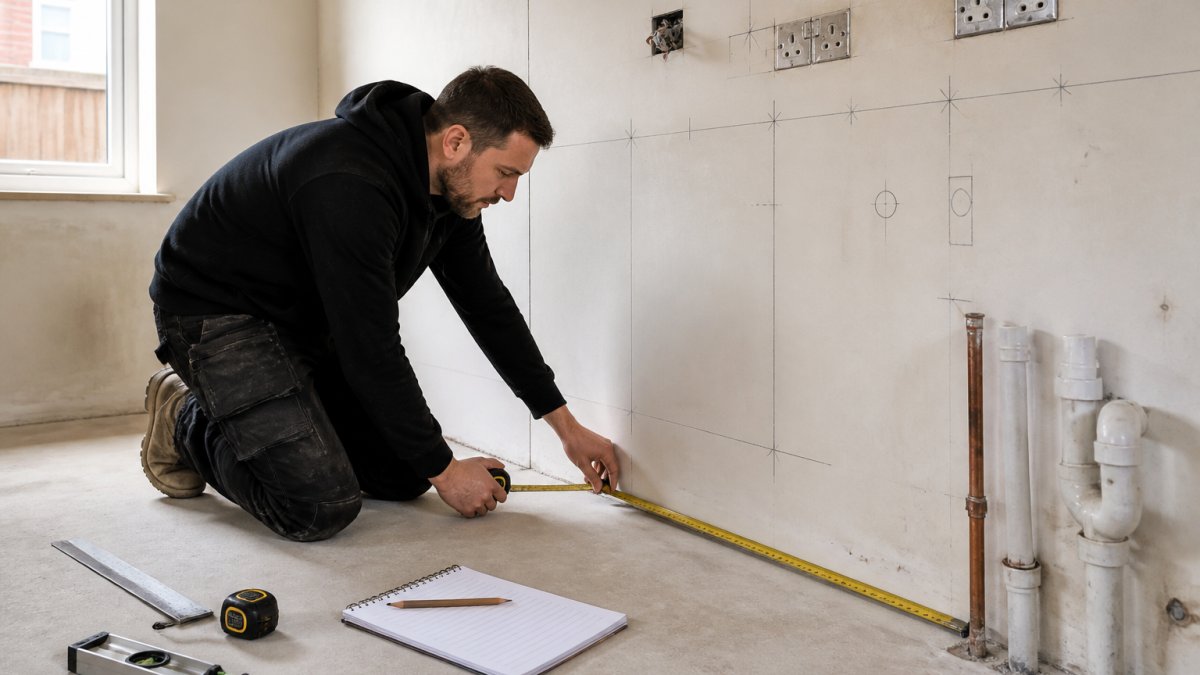 Kitchen fitter kneeling on a floor using a tape measure to record wall dimensions in an empty room
