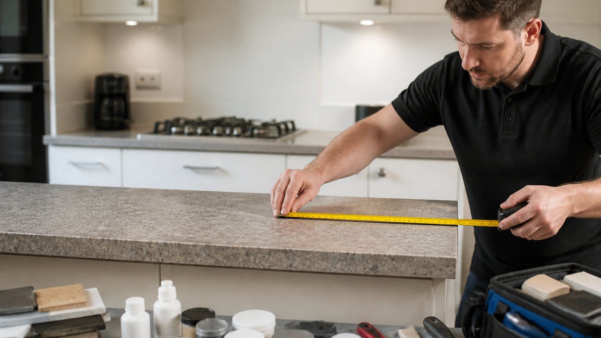 Professional demonstrating how to measure kitchen worktops with a steel measuring tape held horizontally along a laminate worktop edge in bright kitchen lighting