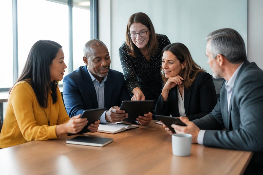 A diverse group of leaders in a professional development workshop reviewing assessment results together on tablets, discussing behavioral insights with a facilitator in a bright, modern conference room