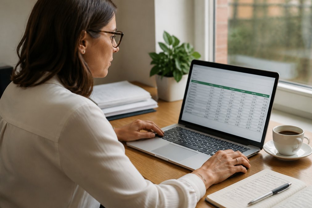 HR professional at a desk working on a spreadsheet with financial data and leadership training metrics visible on screen, coffee cup and handwritten notes nearby, natural window lighting
