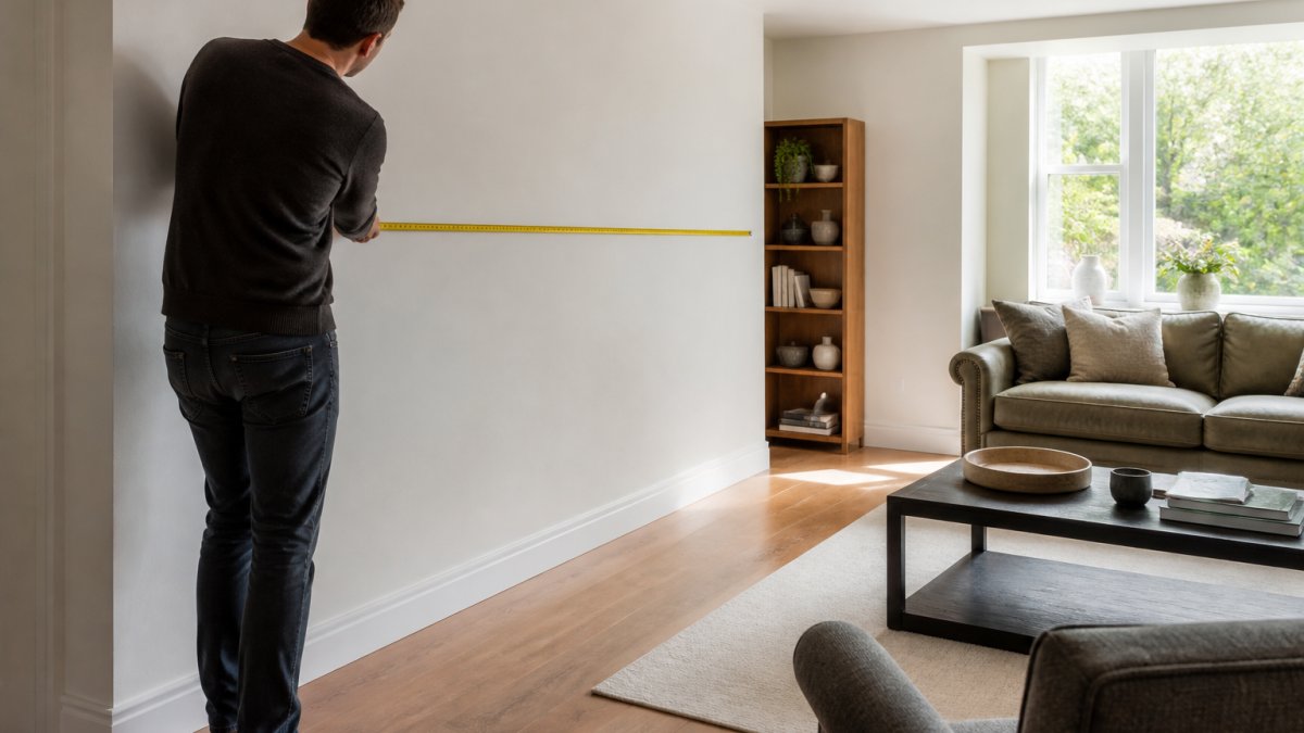 Person using a tape to measure living room space along a wall corner