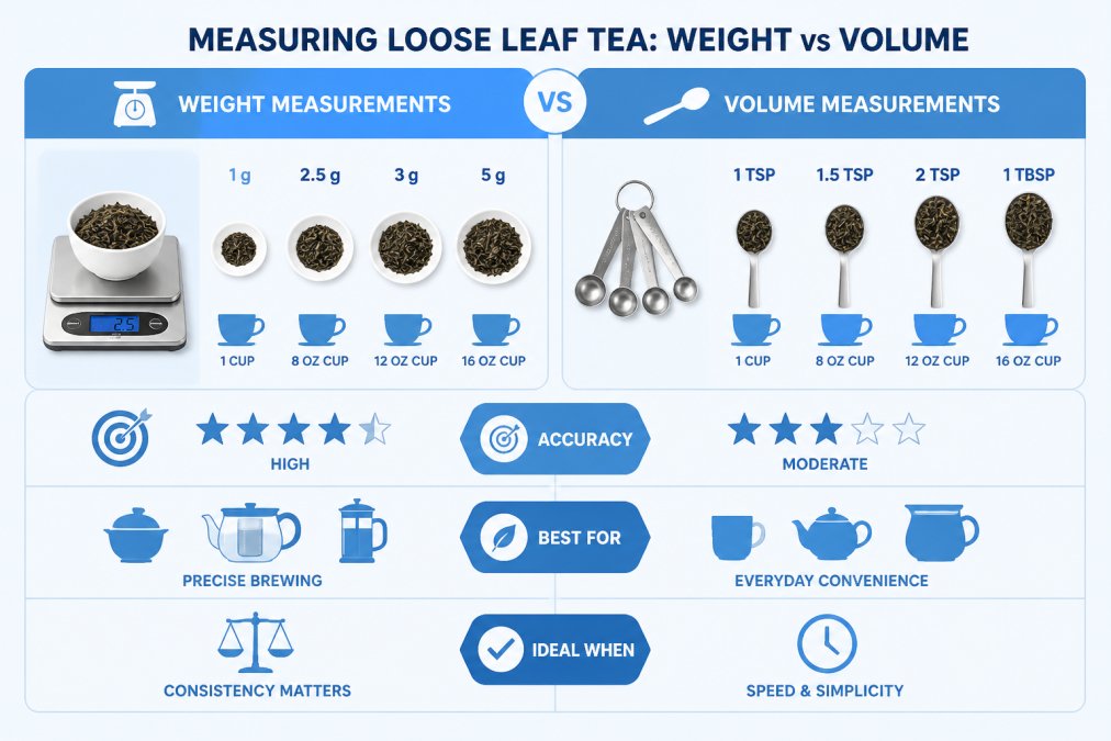 Comparison matrix showing weight measurements (grams) vs volume measurements (teaspoons/tablespoons) for loose leaf tea, with accuracy ratings and recommended use cases