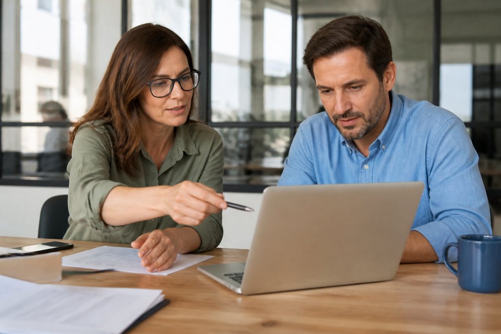 A business owner and marketing manager reviewing a dashboard on a laptop in a bright office, pointing at a specific metric on the screen
