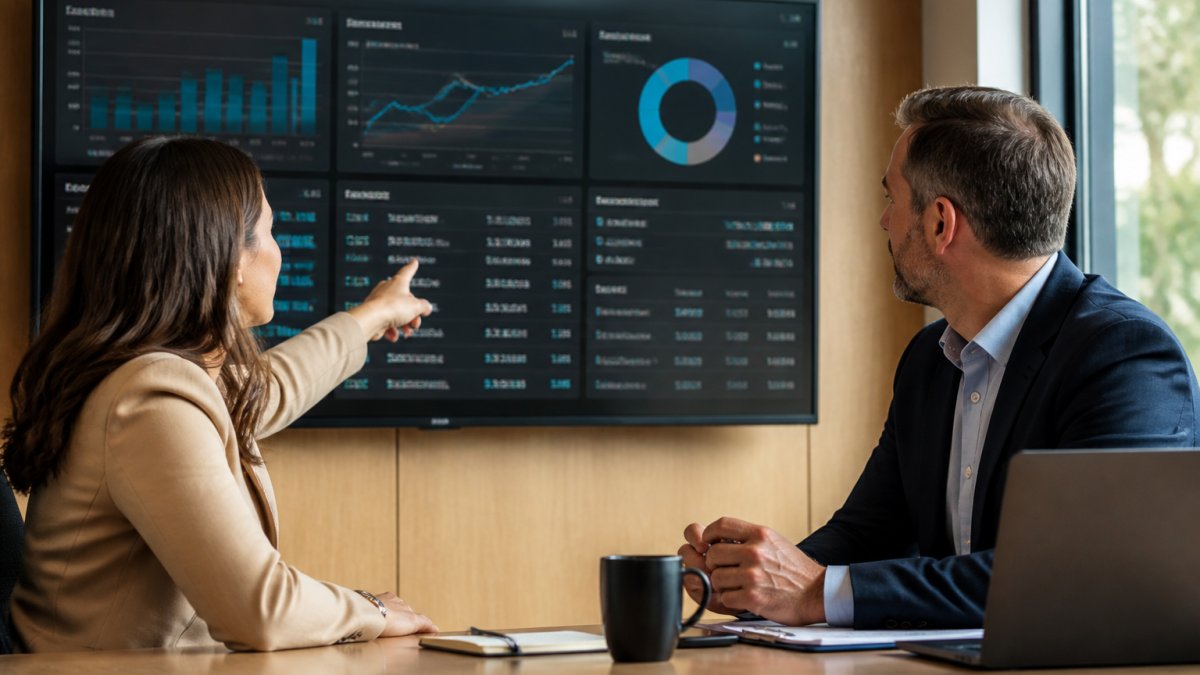 A marketing director and sales VP reviewing a dashboard of campaign performance metrics on a large monitor in a modern conference room, pointing at revenue figures, natural window light