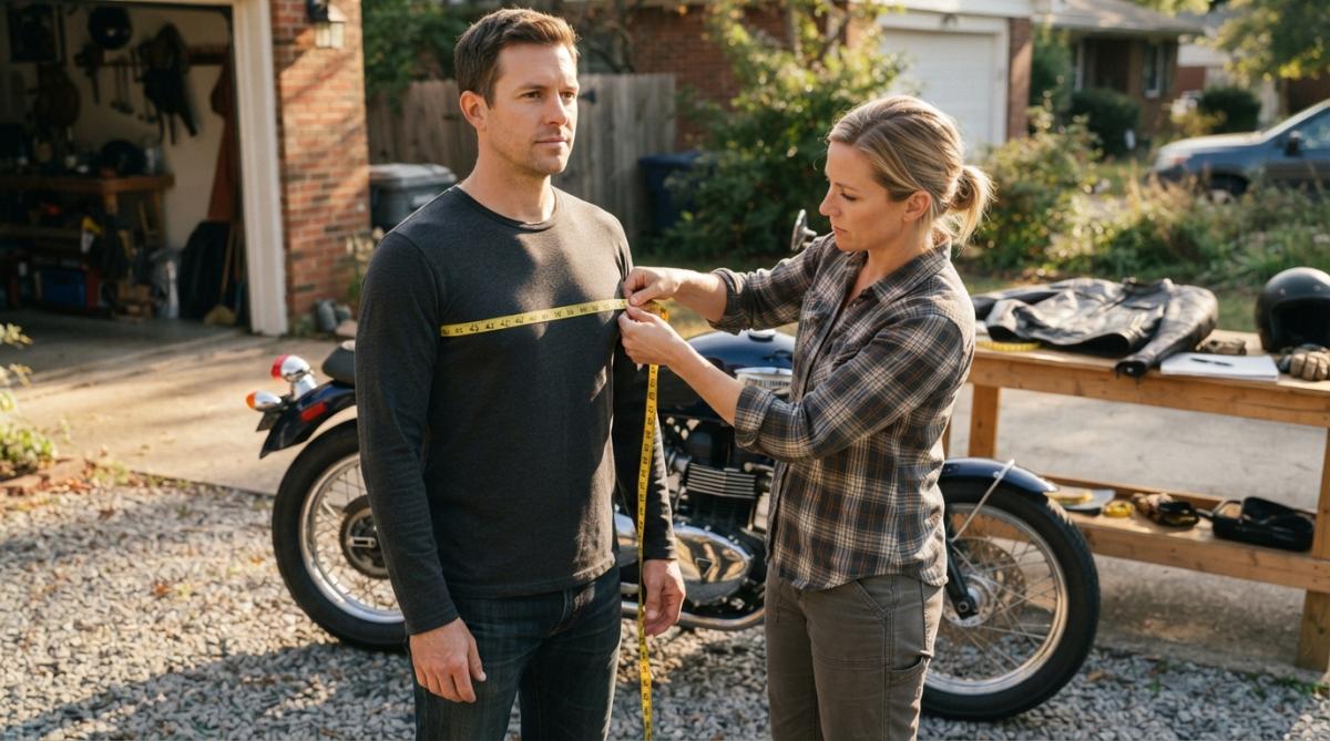 A rider standing upright beside a motorcycle in a driveway while a friend measures their chest with a fabric tape measure held straight across the shoulder blades, afternoon sunlight casting long shadows
