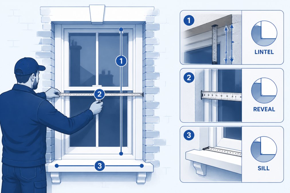 Professional craftsperson carefully measuring a window opening with steel measuring tape, showing measurement points at the lintel and sill of a Victorian terrace window with visible plaster finish and brick surround