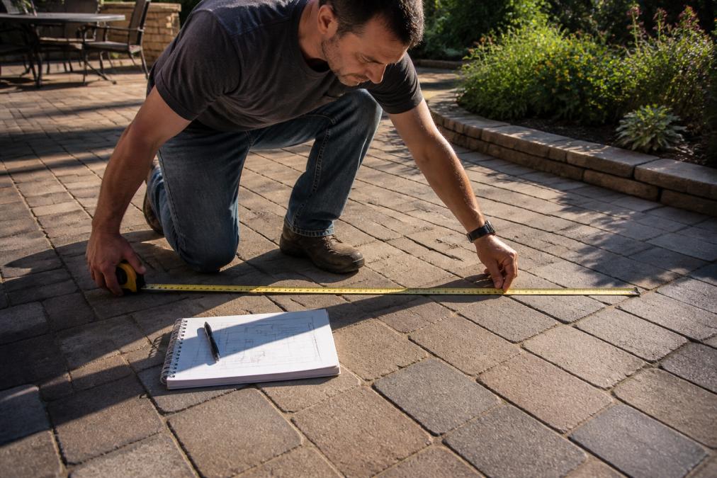 A homeowner kneeling on a paver patio, extending a tape measure across the surface while a sketch pad with a hand-drawn patio layout and marked obstacles rests nearby in warm afternoon sunlight