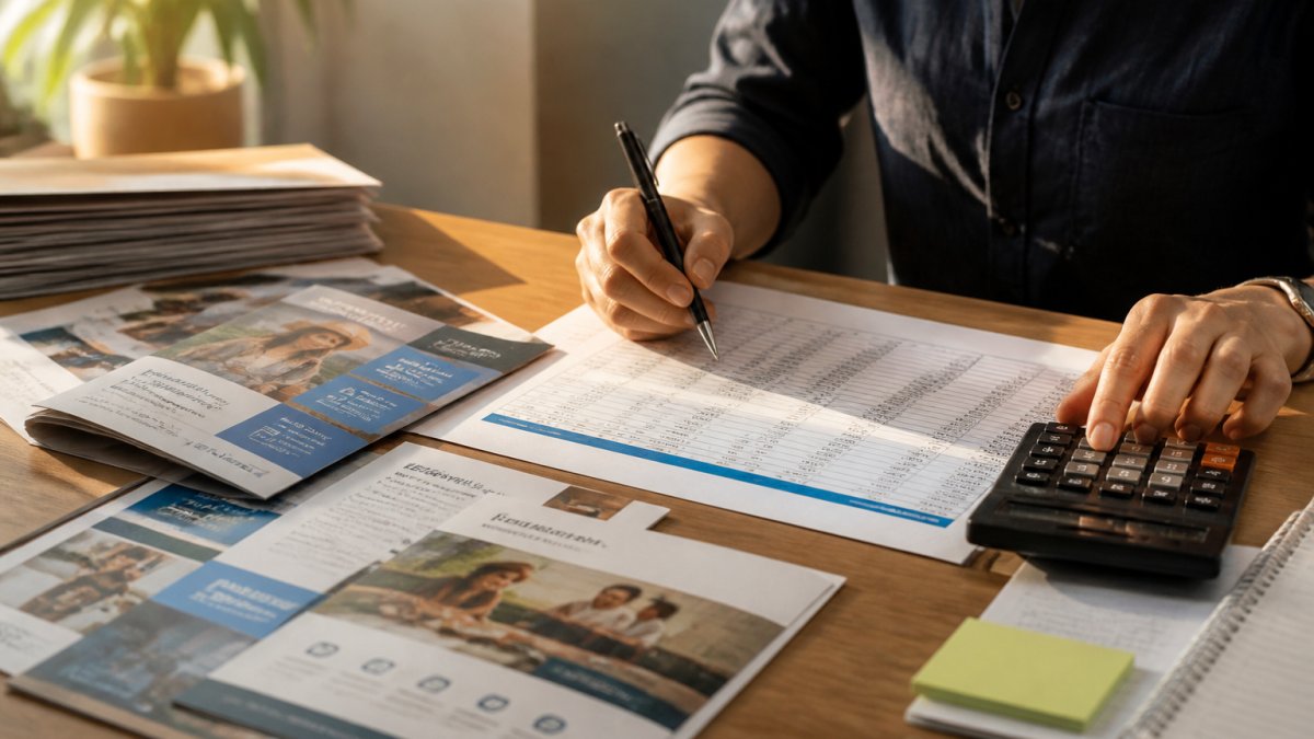 Marketing professional reviewing printed direct mail pieces and campaign cost breakdown spreadsheet at office desk with calculator and analytics reports