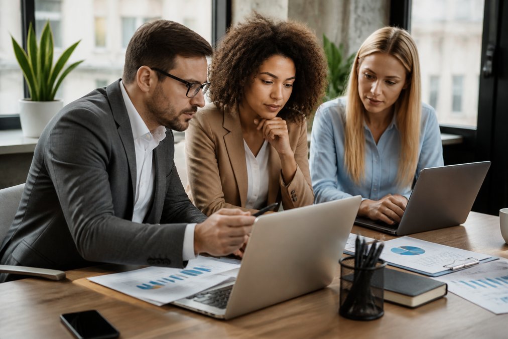 Professional recruitment team members reviewing candidate profiles and performance metrics on laptops in a collaborative office setting with natural lighting