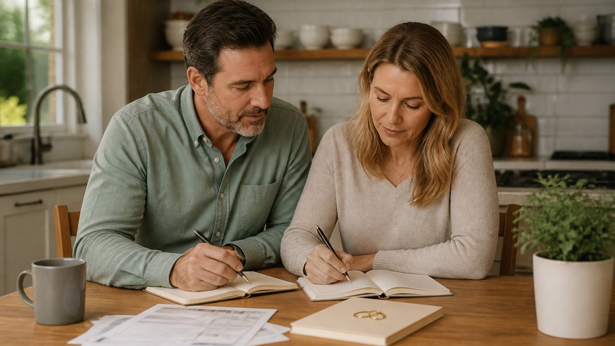 Couple analyzing data on relationship compatibility using notebooks and a laptop at a kitchen table