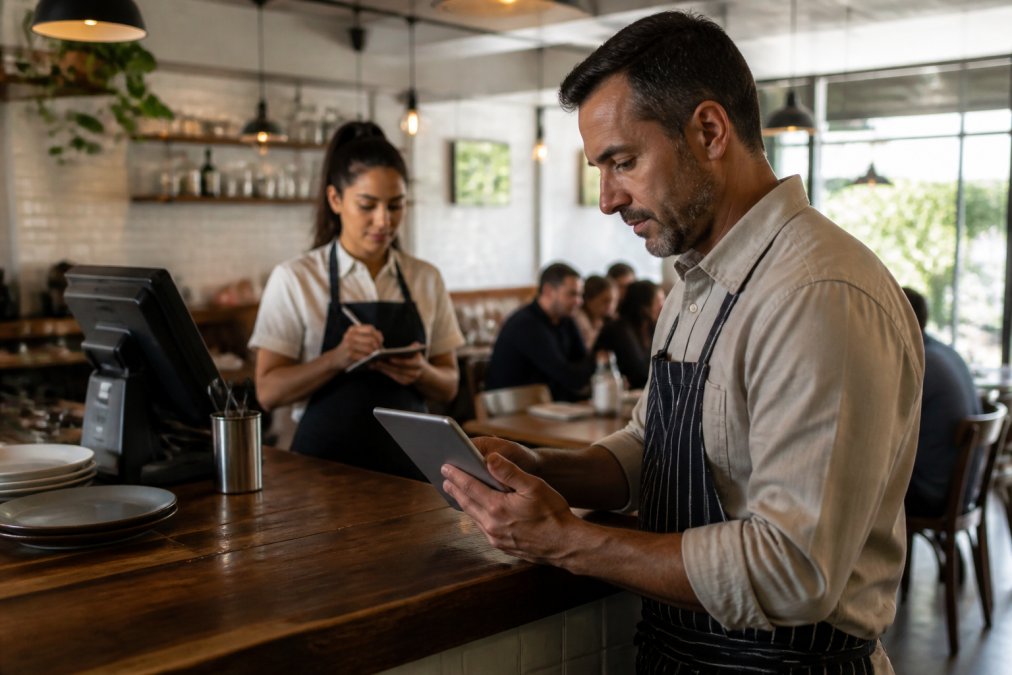 Restaurant manager reviewing sales data on a tablet to track restaurant marketing roi at the counter.