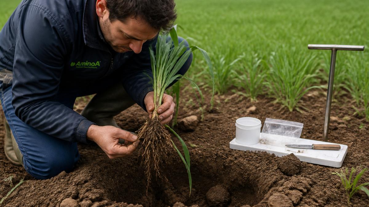 Agronomist carefully excavating soil around plant roots in a field, showing the rhizosphere zone with soil adhering to roots, sampling equipment visible nearby