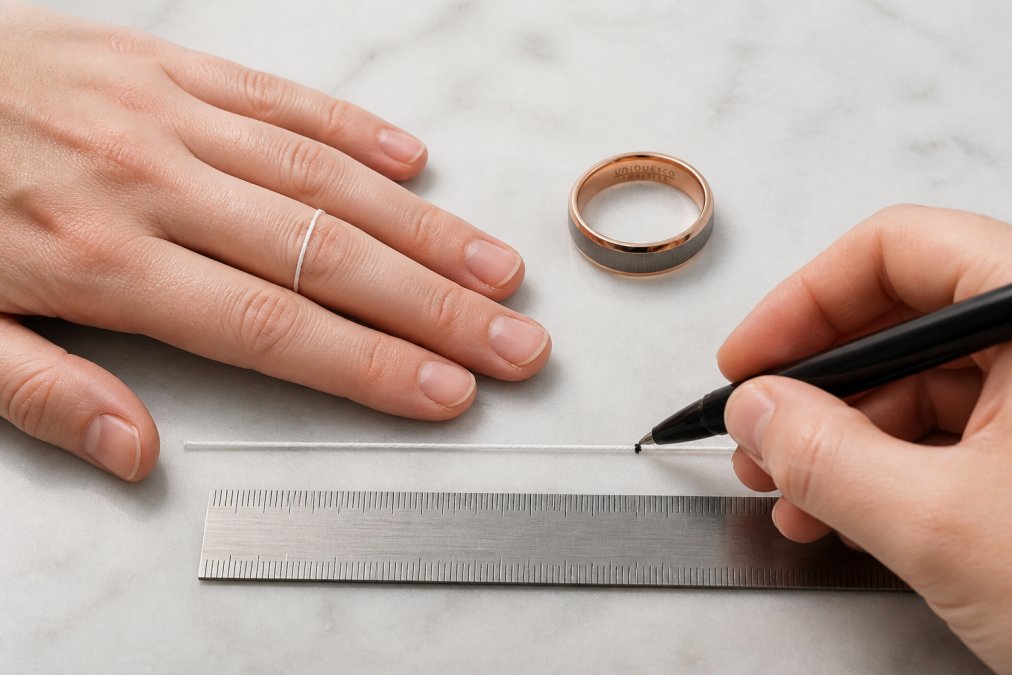Close-up of hands wrapping a thin piece of white string around a ring finger, with the string end marked by a pen and laid flat next to a metal ruler on a light marble surface