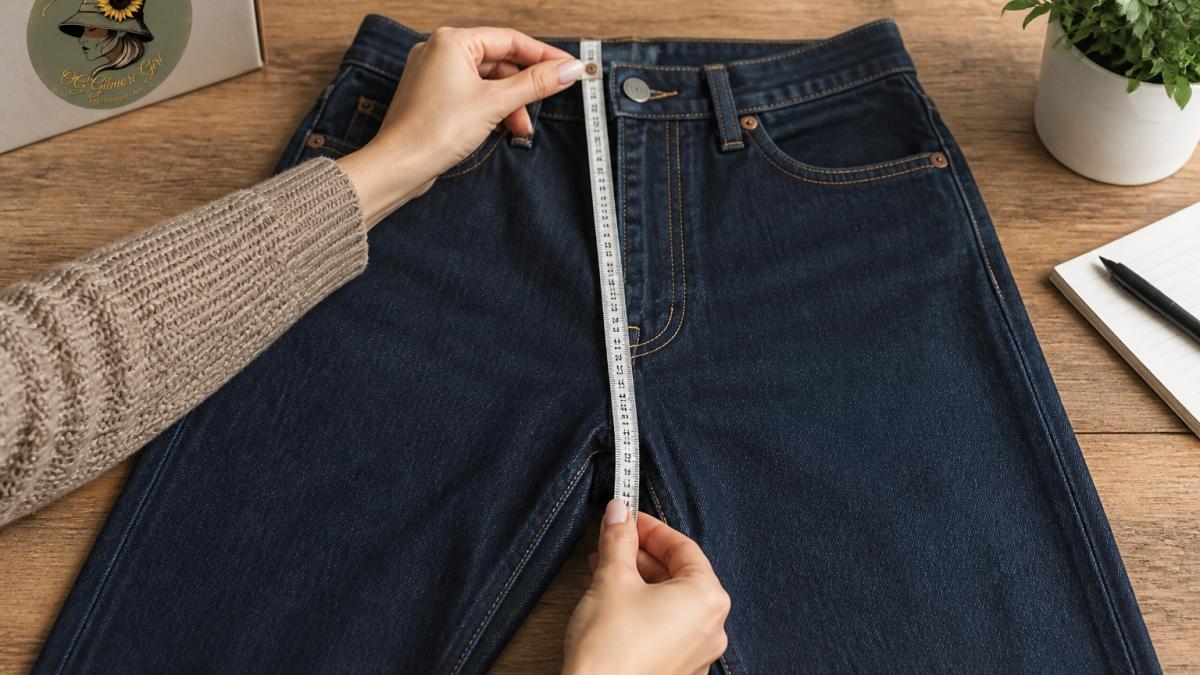 Diagram showing how to measure rise by placing a tape from the crotch seam to the top of the waistband.