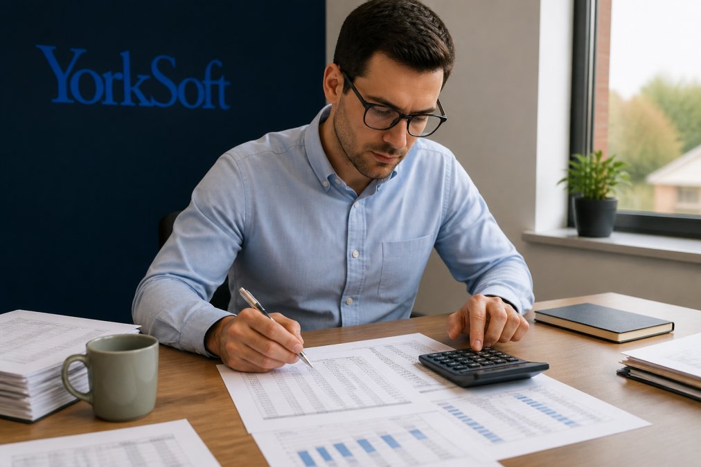 Professional analysing financial data on a laptop to determine how to measure ROI of business process automation.