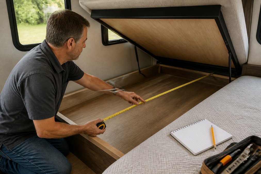 Person measuring the width of an RV bed platform with a tape measure