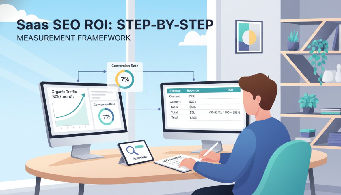 A SaaS founder sitting at a standing desk with dual monitors, one showing a Google Analytics dashboard and the other a CRM pipeline view, taking notes in a bright modern home office with natural window light