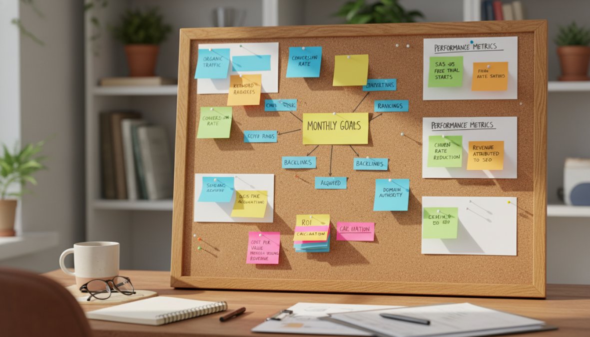 A small marketing team of three people gathered around a laptop and printed monthly reports in a bright startup office, with sticky notes on a whiteboard behind them and coffee cups on the table