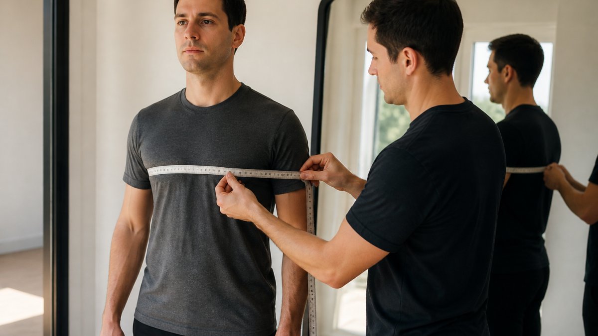 A man standing naturally with arms at his sides while a friend wraps a flexible measuring tape around his chest, tape held level under the armpits in a bright room with a large mirror